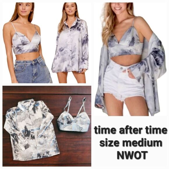 Time After Time Size Medium 2 Piece Boyfriend Oversized Gray Tie-Dye Top Set - Picture 1 of 4